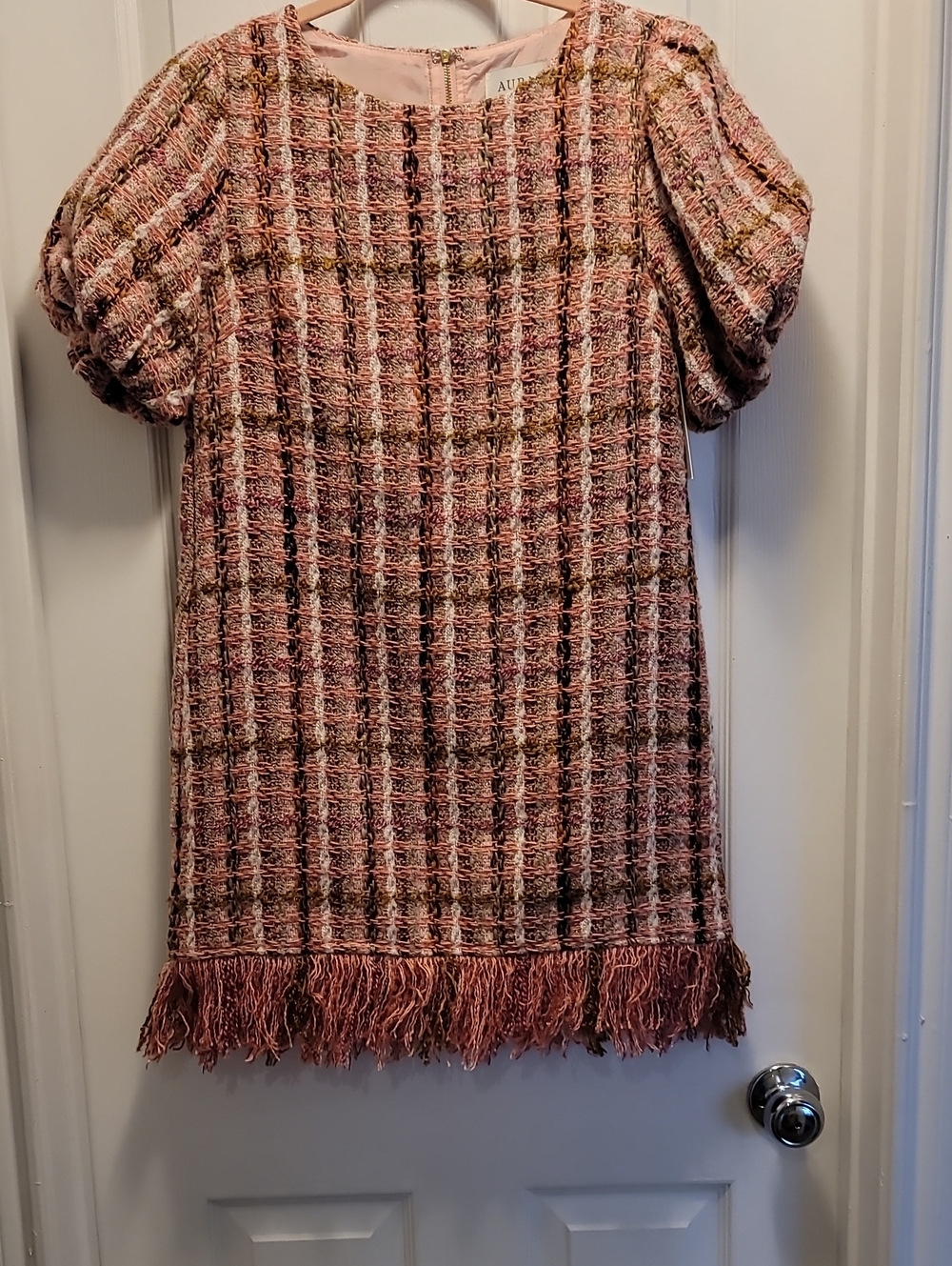 Aura Tweed Multi Plaid Soft Pink Brown  Cream Mini Dress Size Medium